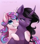  black_hair blue_hair duo equine evehly eyelashes female feral flurry_heart_(mlp) friendship_is_magic hair hooves horn looking_at_viewer mammal my_little_pony nude pink_hair purple_eyes simple_background sitting smile teeth unicorn winged_unicorn wings 