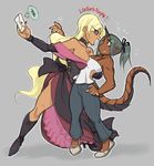  ari_laharis arm_around_waist asymmetrical_docking bare_shoulders basilisk blonde_hair boots breast_press breasts collar dancing dark_skin demon_mages detached_sleeves dress eyebrows fingernails gorgon grey_background grey_hair grey_sclera height_difference horn jason_robinson large_breasts letter long_hair multiple_girls off_shoulder pants ponytail purple_dress red_eyes scar sharp_fingernails side_slit small_breasts spaghetti_strap tail very_long_hair ziggy_kakziga 