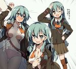  :d ;d blue_hair blush breasts cleavage collar_tug hoppege kantai_collection large_breasts multiple_views one_eye_closed open_mouth panties skirt smile suzuya_(kantai_collection) underwear 