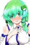  blush breasts byoin cleavage commentary_request detached_sleeves frog_hair_ornament green_eyes green_hair hair_ornament highres japanese_clothes kochiya_sanae large_breasts long_hair looking_at_viewer miko open_mouth smile snake_hair_ornament solo touhou upper_body 