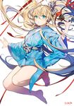  ahoge artist_name barefoot blonde_hair blue_eyes bow full_body hair_bow holding japanese_clothes kimono long_hair looking_at_viewer original short_kimono simple_background solo sukja twintails white_background 