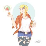  :t artist_name blonde_hair blue_eyes breasts casual cowboy_shot denim denim_shorts eating food hair_ornament hamburger large_breasts long_hair metroid metroid_(creature) pantyhose ponytail samanator_club samus_aran shorts sparkle torn_clothes torn_legwear 