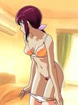  1girl bed bow bra cleavage curtains hair_bow looking_to_the_side orange_bra orange_panties panties pink_bow ponytail pubic_hair purple_hair room solo standing undressing 