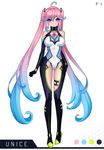  ankkoyom blue_eyes blue_hair bodysuit boots breasts elbow_gloves full_body gloves gradient_hair high_heels highres leotard long_hair medium_breasts multicolored_hair original pink_hair solo thigh_boots thigh_strap thighhighs twintails very_long_hair 