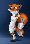  2015 anthro blue_eyes bound breasts canine cloth commercial female fluffy fluffy_tail fox foxy foxy_asso fur gag gagged hi_res italy mammal mascot nude solo whistleristler wrapped 
