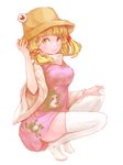  blonde_hair breasts dress hat ma_nyan_(nyao_mao_nyao) medium_breasts moriya_suwako purple_dress short_dress sidelocks solo squatting thighhighs touhou turtleneck white_legwear wide_sleeves yellow_eyes zettai_ryouiki 