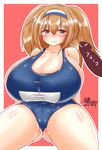  1girl ayazumi_flutter blue_swimsuit blush breasts brown_eyes brown_hair cameltoe cleavage collarbone gigantic_breasts hariband i-26_(kantai_collection) kantai_collection long_hair one-piece_swimsuit penis penis_awe plump school_swimsuit simple_background sitting spread_legs swimsuit thick_thigh 