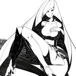  absurdres breasts dress full_body greyscale hair_over_one_eye hand_on_own_chest high_heels highres large_breasts long_hair looking_at_viewer lusamine_(pokemon) monochrome pokemon pokemon_(game) pokemon_sm shadow shoes sitting sleeveless sleeveless_dress solo very_long_hair yan_wan 