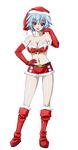  bare_shoulders belt blue_hair boots bra breasts cleavage collarbone eyebrows eyebrows_visible_through_hair full_body gloves hand_on_hip hat highres infinite_stratos knee_boots large_breasts looking_at_viewer microskirt navel open_mouth red_bra red_eyes red_footwear red_gloves red_hat red_skirt santa_boots santa_costume santa_gloves santa_hat sarashiki_tatenashi shiny shiny_skin short_hair skirt solo strapless strapless_bra transparent_background underwear 