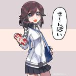  1girl bag black_hair black_skirt blue_bag brown_eyes can coca-cola commentary_request cowboy_shot hayasui_(kantai_collection) jacket kantai_collection looking_at_viewer miniskirt mogamiya_honu open_mouth pleated_skirt school_bag short_hair silver_eyes skirt smile soda_can solo standing track_jacket two-tone_background white_jacket 