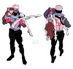  1girl artist_name blush bodysuit boots bracer brown_hair carrying carrying_over_shoulder closed_eyes covered_mouth d.va_(overwatch) facepaint facial_mark full_body gloves grey_hair jacket littlemute long_hair long_sleeves mask open_mouth overwatch pants plantar_flexion princess_carry ribbed_bodysuit short_hair shoulder_pads simple_background soldier:_76_(overwatch) turtleneck visor whisker_markings white_background white_gloves 