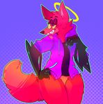  anthro azureshark canine clothing digital_media_(artwork) fox fur halo jacket mammal pyrocynical red_fur simple_background smile solo teeth tongue wide_hips yellow_sclera 