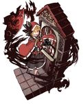  alternate_costume belt blonde_hair cape faux_figurine from_above full_moon hair_over_one_eye highres hood isometric moon open_mouth red_eyes red_hood rumia solo teeth the_maa touhou white_background 