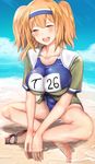  beach blush breasts commentary_request competition_swimsuit crossed_legs day hair_ornament hairband i-26_(kantai_collection) jacket kantai_collection large_breasts name_tag ocean one-piece_swimsuit orange_eyes orange_hair sandals sandals_removed school_swimsuit shiny shiny_skin sitting smile solo swimsuit two-tone_hairband two_side_up untsue 