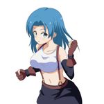  bare_shoulders blue_eyes blue_hair breasts cato_(monocatienus) clenched_hands cosplay crop_top final_fantasy final_fantasy_vii fingerless_gloves gloves kumoi_ichirin large_breasts looking_at_viewer midriff navel simple_background solo suspenders tifa_lockhart tifa_lockhart_(cosplay) touhou white_background 