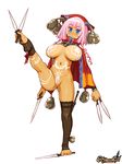  asymmetrical_legwear bangs barefoot bell between_toes blue_eyes blunt_bangs blush bodypaint bottomless breasts covered_nipples end_breaker! feet foot_hold full_body headdress holding jingle_bell knife large_breasts leg_up logo long_hair looking_at_viewer maebari navel official_art pink_hair plantar_flexion prehensile_toes ryoji_(nomura_ryouji) simple_background soles solo toeless_legwear toes white_background 