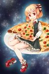  absurdres black_dress blonde_hair bow_legwear cheese_trail dress eating food frilled_legwear frills hair_ribbon highres holding_pizza knees_together_feet_apart leaf long_sleeves looking_at_viewer mary_janes murani necktie pizza red_eyes red_footwear ribbon rumia shoes sitting slice_of_pizza solo star_(sky) striped striped_neckwear striped_ribbon tomato touhou wavy_mouth 