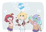  1boy 2girls alpha_omega_nova animal animal_on_shoulder blonde_hair blue_eyes bow brown_hair cardigan carrying cellphone cleffa crossover elgyem eyeball fur_trim gen_2_pokemon gen_5_pokemon gen_7_pokemon gradient_hair green_skin hair_ornament janomegasa luluco midori_(uchuu_patrol_luluco) minior multicolored_hair multiple_girls one_side_up phone plaid plaid_skirt pokemon pokemon_(creature) purple_hair school_uniform sharp_teeth skirt smartphone star star_hair_ornament surprised sweat taking_picture teeth uchuu_patrol_luluco yellow_eyes 