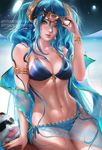  1girl bikini blue_eyes blue_hair breasts league_of_legends long_hair sakimichan sona_buvelle swimsuit tail twintails 
