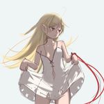  ahoge ass_visible_through_thighs bare_shoulders blonde_hair blue_background blush collarbone dress dress_lift fang highres kiss-shot_acerola-orion_heart-under-blade kizumonogatari long_hair looking_to_the_side monogatari_(series) navel pointy_ears red_eyes red_ribbon ribbon sketch solo sowel strap_slip white_dress 