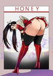  ass bent_over black_hair black_legwear black_panties boots brown_eyes character_name eyebrows fighting_vipers hayame_(m_ayame) high_heel_boots high_heels highres honey_(fighting_vipers) knee_boots lipstick long_hair looking_at_viewer makeup mini_wings outside_border panties puffy_short_sleeves puffy_sleeves red_footwear short_sleeves solo thick_thighs thighs twintails underwear upskirt 