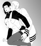  1boy 1girl black_hair blush breast_grab breasts couple hal_(sakurajam) hetero husband_and_wife hyuuga_hinata large_breasts licking monochrome naruto nipples uzumaki_naruto 