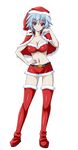  belt blue_hair boots bra breasts capelet cleavage collarbone eyebrows eyebrows_visible_through_hair full_body hand_on_hip hat highres infinite_stratos large_breasts looking_at_viewer microskirt navel red_bra red_eyes red_footwear red_hat red_legwear red_skirt santa_boots santa_costume santa_hat sarashiki_tatenashi shiny shiny_skin short_hair skirt smile solo strapless strapless_bra thigh_boots thighhighs transparent_background underwear zettai_ryouiki 