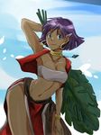 bandeau blue_eyes bracelet breasts cleavage dark_skin earrings fushigi_no_umi_no_nadia hair_ornament hairclip hand_on_own_thigh hayame_(m_ayame) hoop_earrings jewelry leaf leaning_forward long_skirt midriff nadia navel neck_ring pelvic_curtain purple_hair side_slit skirt small_breasts solo strapless vest 