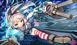  &gt;_&lt; blonde_hair closed_eyes dutch_angle elbow_gloves gloves green_eyes highres kantai_collection kurobuta_gekkan lifebuoy long_hair looking_at_viewer miniskirt ocean pointing rensouhou-chan school_uniform serafuku shimakaze_(kantai_collection) ship skirt solid_eyes striped striped_legwear thighhighs watercraft zettai_ryouiki 