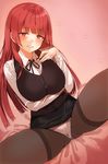  black_legwear blush breast_hold breasts cameltoe crotch dutch_angle grin hahri's_lumpy_boardhouse highres large_breasts long_hair long_sleeves looking_at_viewer mx2j_(nsh6394) panties pantyhose pencil_skirt red_eyes red_hair simple_background sitting skirt smile solo spread_legs thighband_pantyhose underwear untying vest white_panties won_yesuh 