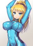  :&lt; arms_up blonde_hair blue_eyes blush bodysuit breasts closed_mouth collar covered_navel covered_nipples groin large_breasts long_hair looking_at_viewer metroid nagase_haruhito ponytail samus_aran simple_background skin_tight solo v-shaped_eyebrows zero_suit 