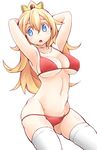  arms_behind_head bikini blonde_hair blue_eyes breasts crown highres long_hair mario_(series) princess_peach simple_background solo super_mario_bros. swimsuit thighhighs white_background white_legwear yamagami_tadashi 