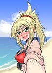  bare_arms bare_shoulders beach bikini bikini_top blonde_hair blush breasts cleavage cloud day fang fate/apocrypha fate/grand_order fate_(series) green_eyes hair_ornament highres holding_hands long_hair looking_at_viewer medium_breasts mitsurugi_tsurugi mordred_(fate)_(all) mordred_(swimsuit_rider)_(fate) ocean open_mouth out_of_frame outdoors ponytail pov pov_hands red_bikini ribbon solo_focus sweat sweatdrop swimsuit teeth tongue water 