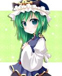  :&gt; asymmetrical_hair blue_eyes blush frills green_hair hat kinagi_yuu shiki_eiki shoulder_pads solo touhou wide_sleeves 