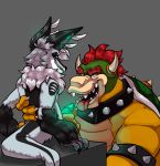  anthro bowser claws collar digital_media_(artwork) doost duo erection fur hair hi_res horn keldric_usugi koopa male male/male mario_bros nintendo open_mouth oral penis scalie sex simple_background smile spikes teeth tongue tongue_out video_games 