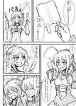 ahoge artoria_pendragon_(all) blush braid breasts check_translation closed_eyes comic fate/apocrypha fate/grand_order fate_(series) food greyscale hair_ornament hair_ribbon highres hot ice_cream long_hair mitsurugi_tsurugi monochrome mordred_(fate) mordred_(fate)_(all) multiple_girls open_mouth ponytail ribbon saber shorts simple_background sketch speech_bubble sweat sweatdrop translation_request white_background 