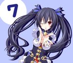  bare_shoulders black_hair blush breasts cleavage hair_ornament long_hair looking_at_viewer medium_breasts neptune_(series) noire one_eye_closed red_eyes smile solo taka_(suigendou) tongue tongue_out twintails 