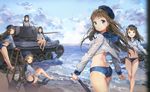  absurdres anmi ass bare_legs barefoot beach beret bikini blouse blue_eyes blue_sailor_collar blue_sky blush breasts brown_eyes brown_hair caterpillar_tracks cloud crop_top day double_bun english ground_vehicle hat highres ladder leg_hug long_hair looking_at_viewer looking_back matching_outfit medium_breasts military military_vehicle motor_vehicle multiple_girls navel ocean on_vehicle open_mouth original outdoors sailor_collar sand sitting sky smile standing swimsuit swimwear tank valentine_(tank) very_long_hair water white_blouse 