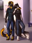  anthro canine clothed clothing duo feline male mammal nelly63 open_mouth smile standing 