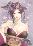  bare_shoulders breasts brown_eyes bug butterfly butterfly_background cleavage collarbone earrings hair_ornament hair_stick insect japanese_clothes jewelry jyan_borii kimono large_breasts mole mole_under_mouth nail_polish nouhime_(sengoku_musou) purple_hair purple_nails sengoku_musou solo upper_body 
