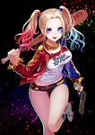  1girl baseball_bat batman_(series) breasts dc_comics harley_quinn high_heel_boots jacket makeup multicolored_hair shorts smile solo suicide_squad tongue twintails 