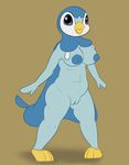  anthro areola armpits avian beak big_breasts bird black_eyes blue_skin breasts erect_nipples female looking_at_viewer navel nintendo nipples nude open_mouth penguin piplup pok&eacute;mon posexe pussy simple_background slightly_chubby smile solo standing thick_thighs video_games wide_hips 