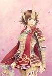  armor brown_eyes brown_hair chinese_clothes commentary_request gold_trim headgear holding holding_sword holding_weapon japanese_armor jyan_borii lips petals scarf sengoku_musou solo sword tachibana_ginchiyo weapon 