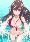  bikini black_hair breasts cleavage front-tie_top grin high_ponytail ifuji_shinsen itou_ittousai_(sengoku_collection) large_breasts leaning_forward long_hair looking_at_viewer purple_eyes sengoku_collection side-tie_bikini smile solo splashing standing swimsuit wading water 