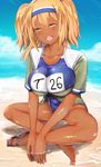  beach blush breasts commentary_request competition_swimsuit crossed_legs dark_skin day hair_ornament hairband i-26_(kantai_collection) jacket kantai_collection large_breasts name_tag ocean one-piece_swimsuit orange_eyes orange_hair sandals sandals_removed school_swimsuit shiny shiny_skin sitting smile solo swimsuit swimsuit_under_clothes tan two-tone_hairband two_side_up untsue 