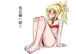  arm_support arms_behind_back bare_arms bare_legs bare_shoulders barefoot blonde_hair blush breasts colorized fate/apocrypha fate/grand_order fate_(series) full_body green_eyes hair_ornament hairband looking_at_viewer medium_breasts mitsurugi_tsurugi mordred_(fate) mordred_(fate)_(all) o_o panties pantyshot pantyshot_(sitting) ponytail simple_background sitting solo sweat sweatdrop translation_request underwear white_background 