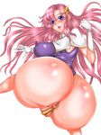  1girl anus artist_request ass blue_eyes blush breasts erect_nipples from_behind gloves gundam gundam_seed gundam_seed_destiny hair_ornament huge_ass huge_breasts leotard long_hair looking_at_viewer meer_campbell parted_lips partially_visible_vulva pink_hair shiny shiny_clothes shiny_hair shiny_skin simple_background smile solo star star_hair_ornament thong thong_leotard very_long_hair white_background 