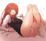  ass bare_legs barefoot blush breasts cameltoe hahri's_lumpy_boardhouse large_breasts long_hair long_sleeves looking_at_viewer lying mx2j_(nsh6394) on_back panties pencil_skirt red_eyes red_hair skirt smile solo underwear untying vest white_panties won_yesuh 