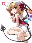  ? adapted_costume ascot ass back_cutout barefoot blonde_hair blush demon_wings feet finger_to_chin flandre_scarlet from_behind hat hat_ribbon hemogurobin_a1c laevatein_(tail) looking_at_viewer looking_back pointy_ears red_eyes red_ribbon ribbon short_shorts shorts simple_background sitting soles solo tail toes touhou vest white_background white_shorts wings wrist_cuffs 