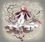  :&gt; bandaged_leg bandages branch breasts capelet cherry_blossoms closed_mouth cuffs dress flower full_body hair_flower hair_ornament highres leg_ribbon long_hair original petals pink_eyes pink_hair red_footwear red_ribbon ribbon shackles shoes sleeveless sleeveless_dress small_breasts smile solo white_dress yatodzume 